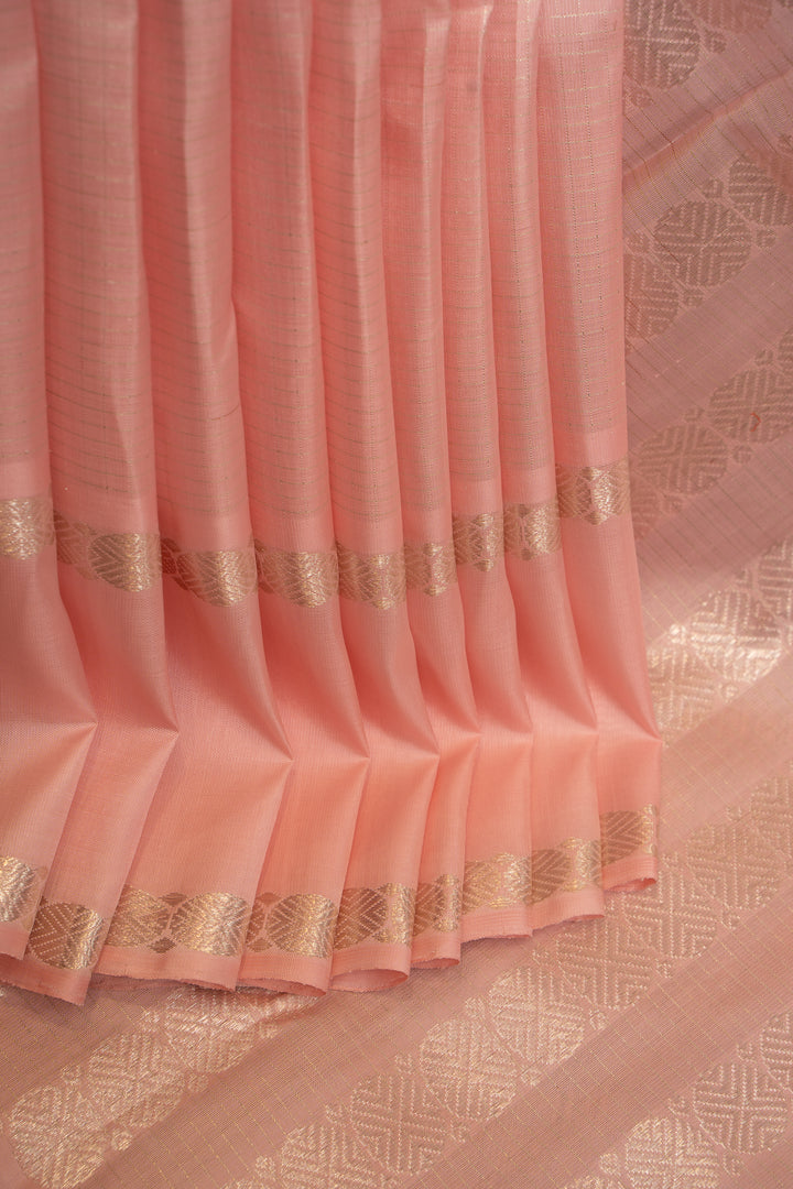 Salmon Pink and Silver Checks Rettai Pettu Pure Kanchipuram Silk Saree - Clio Silks