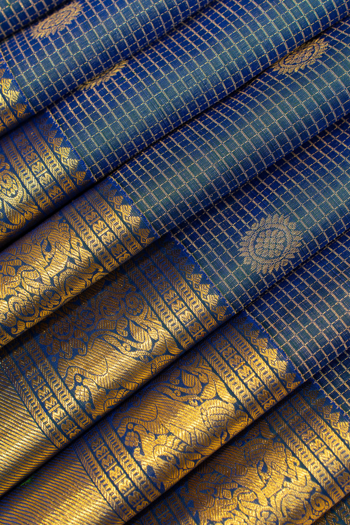 Peacock blue zari checks pure Kanchipuram silk saree