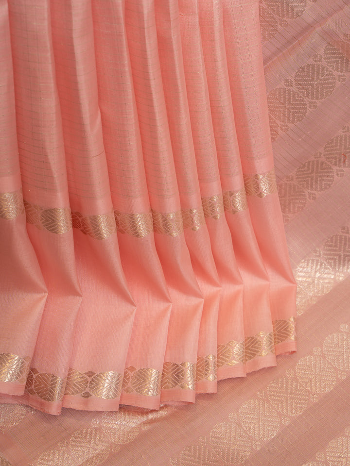 Salmon Pink and Silver Checks Rettai Pettu Pure Kanchipuram Silk Saree - Clio Silks