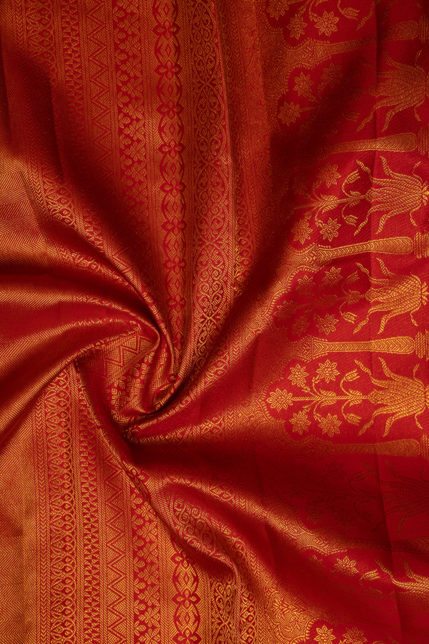 Peach and Red Floral Brocade Pure Kanchipuram Silk Sari - Clio Silks