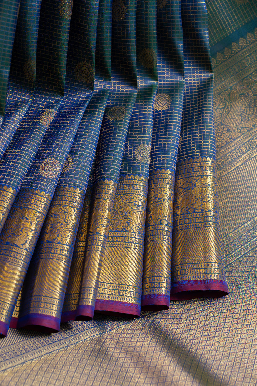 Peacock blue zari checks pure Kanchipuram silk saree