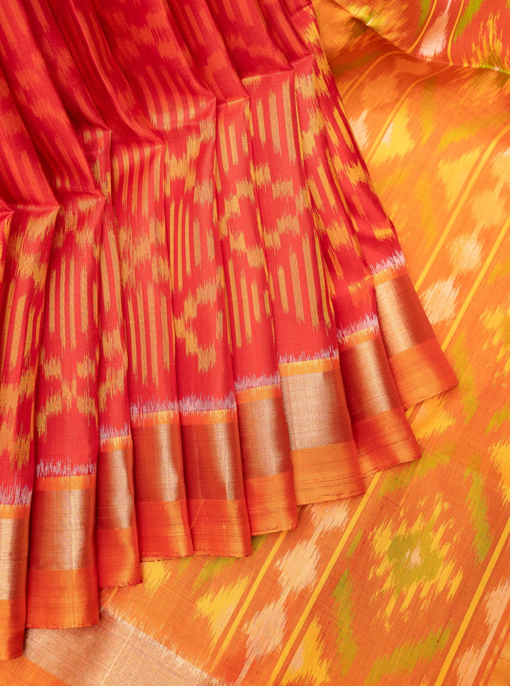 Red and Orange Pure Ikat Silk Saree - Clio Silks