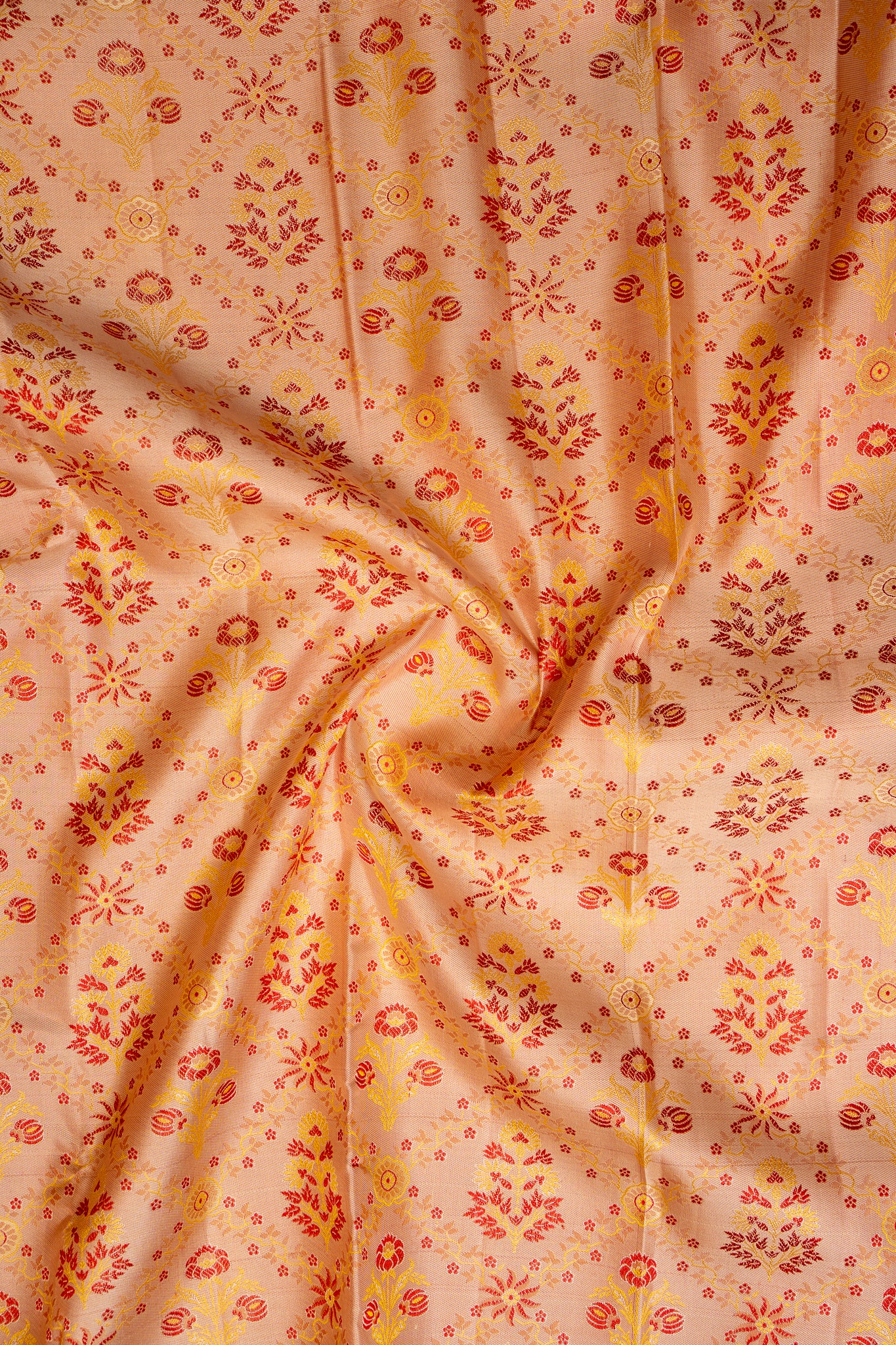 Peach and Red Floral Brocade Pure Kanchipuram Silk Sari - Clio Silks