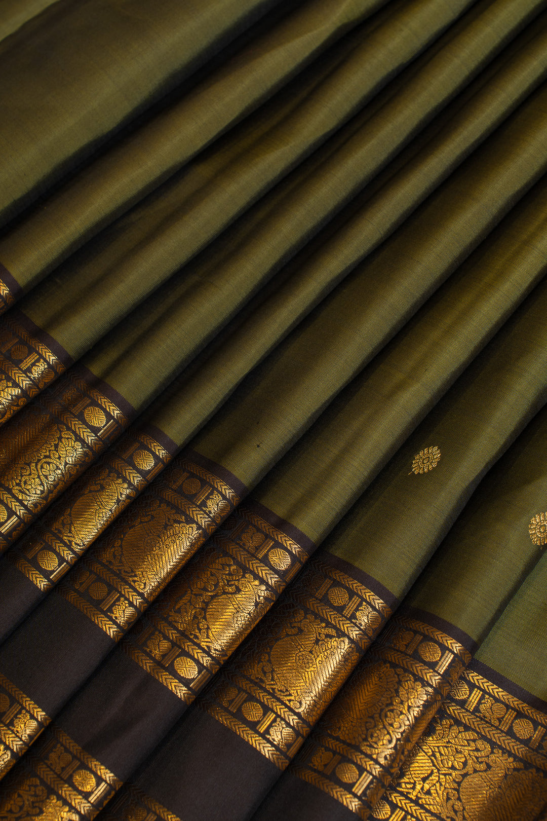 Olive green and brown pure Kanchipuram silk saree