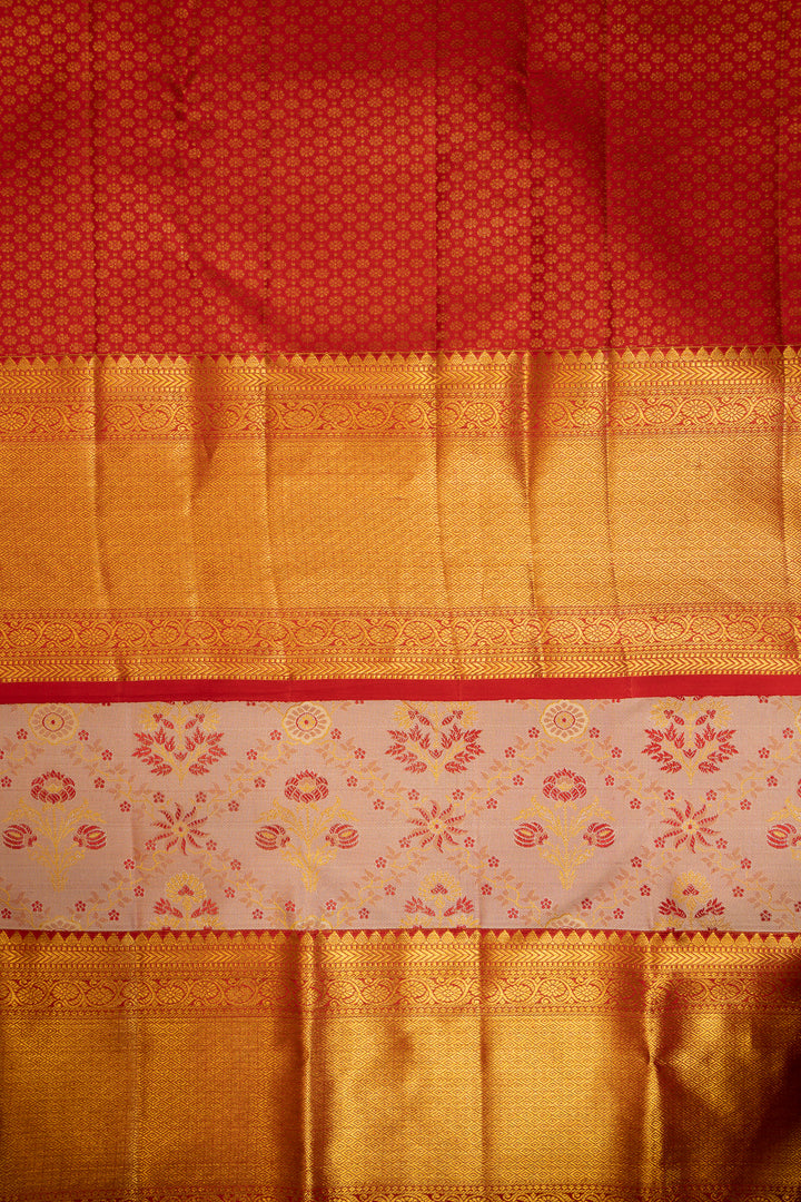 Peach and Red Floral Brocade Pure Kanchipuram Silk Sari - Clio Silks