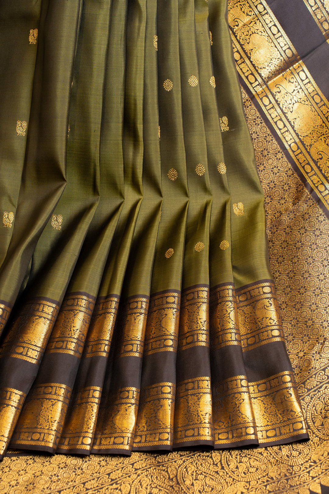 Olive green and brown pure Kanchipuram silk saree