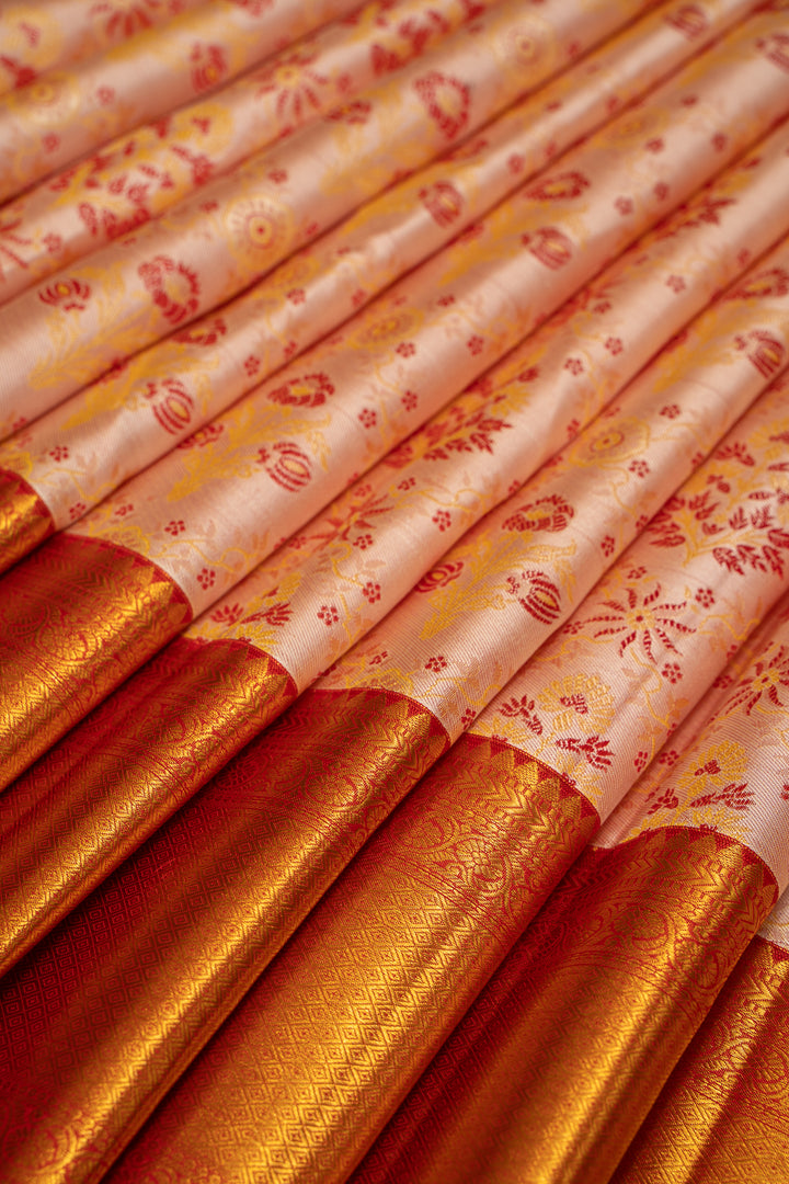 Peach and Red Floral Brocade Pure Kanchipuram Silk Sari - Clio Silks