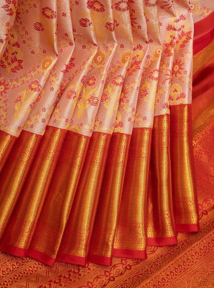 Peach and Red Floral Brocade Pure Kanchipuram Silk Sari - Clio Silks