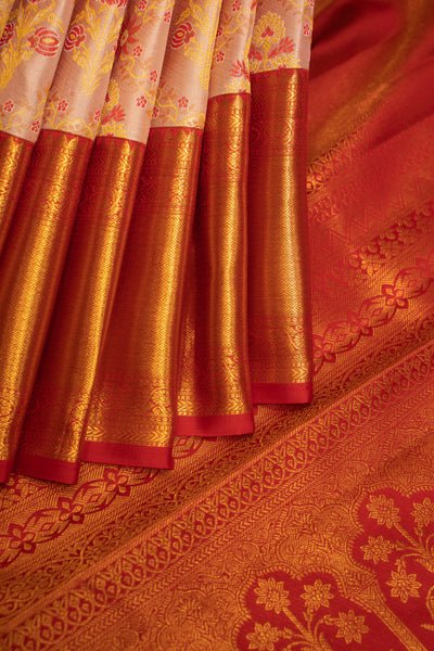 Peach and Red Floral Brocade Pure Kanchipuram Silk Sari - Clio Silks