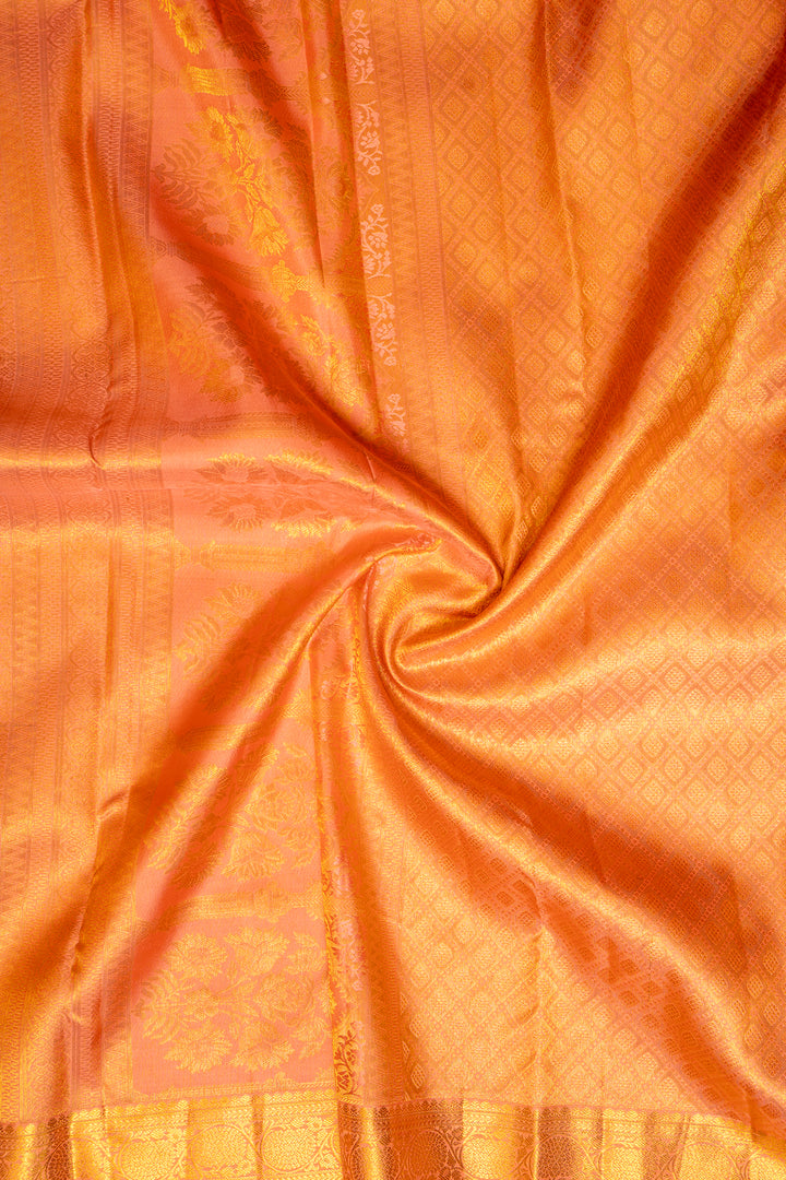 Dark Purple and Peach Floral Woven Pure Kanchipuram Silk Saree - Clio Silks