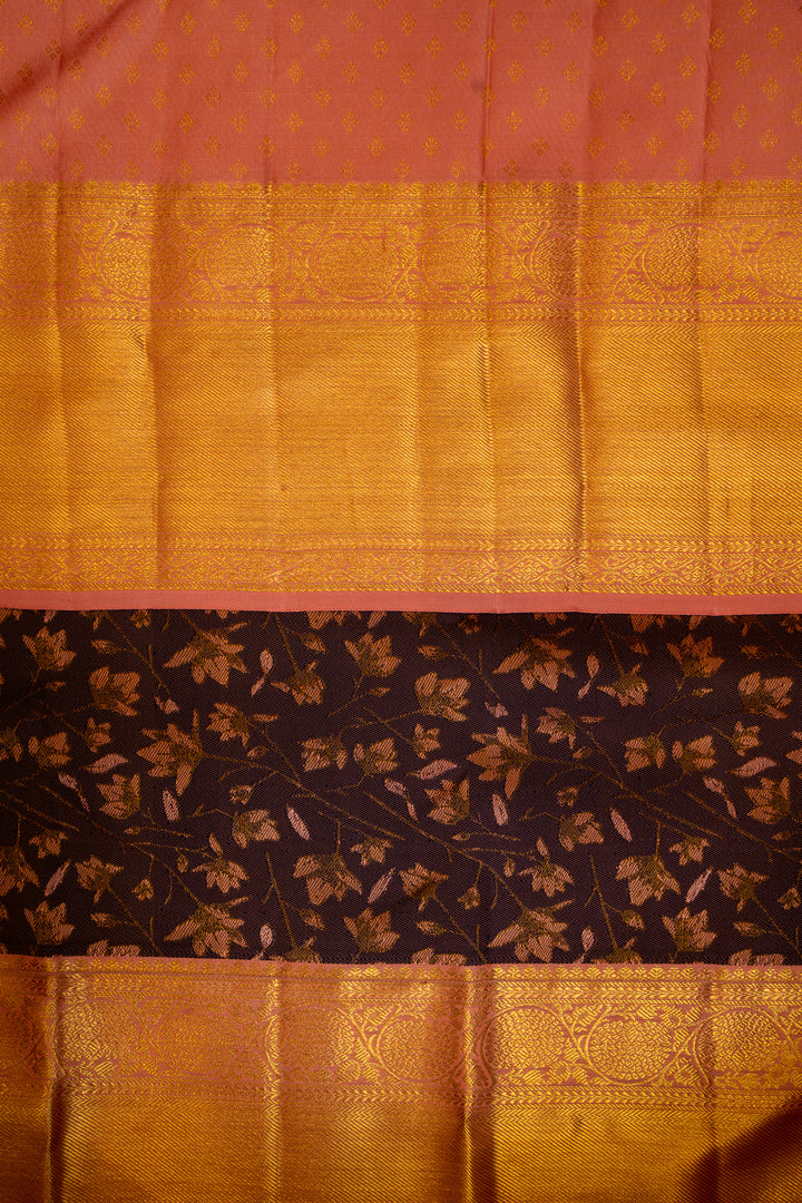 Dark Purple and Peach Floral Woven Pure Kanchipuram Silk Saree - Clio Silks