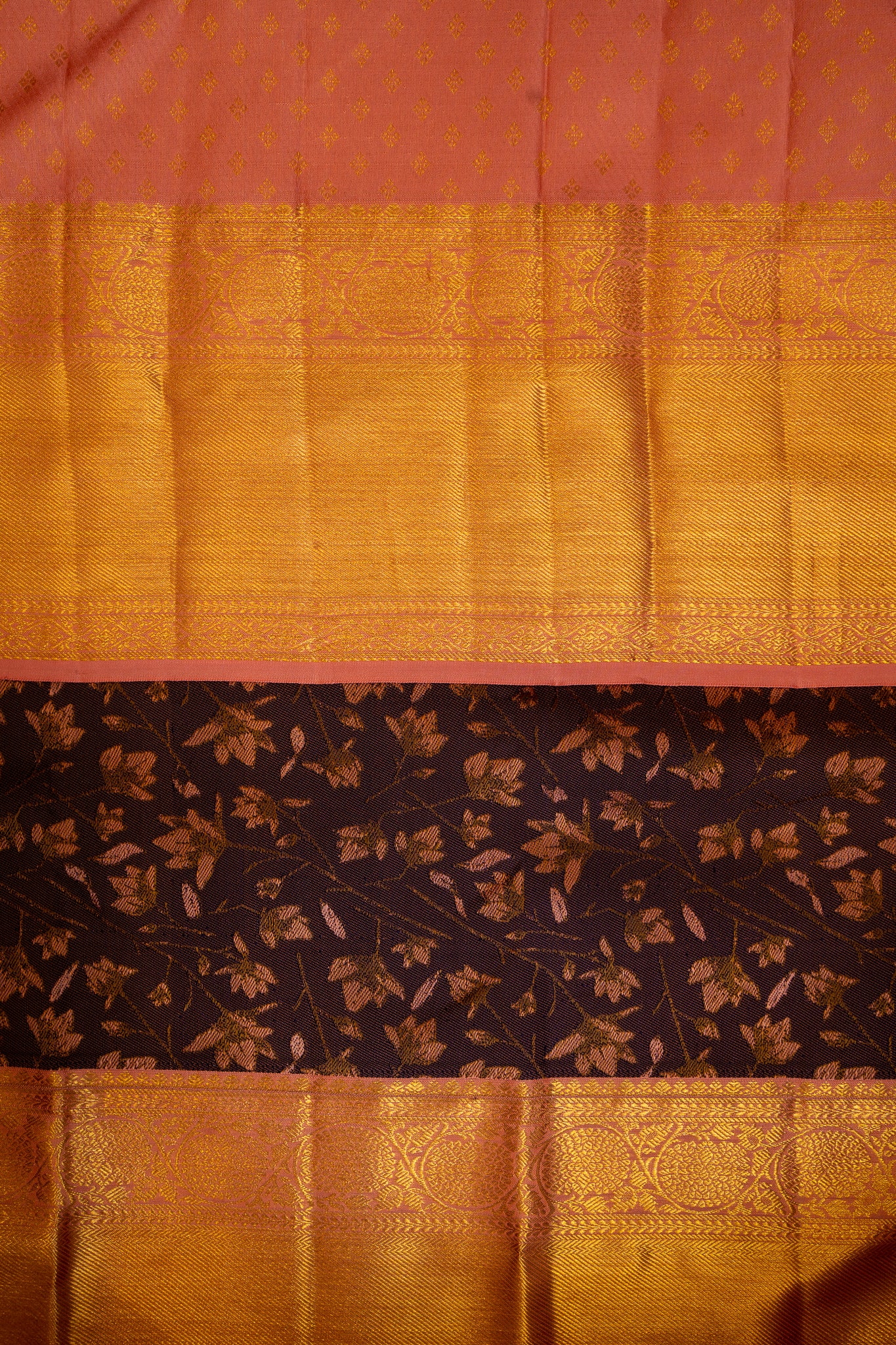 Dark Purple and Peach Floral Woven Pure Kanchipuram Silk Saree - Clio Silks