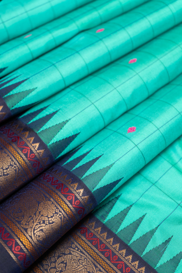 Turquoise Blue Thread Border Pure Kanchipuram Silk Saree - Clio Silks