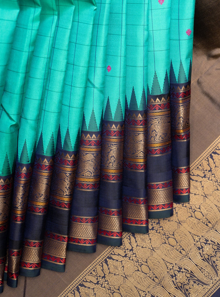 Turquoise Blue Thread Border Pure Kanchipuram Silk Saree - Clio Silks
