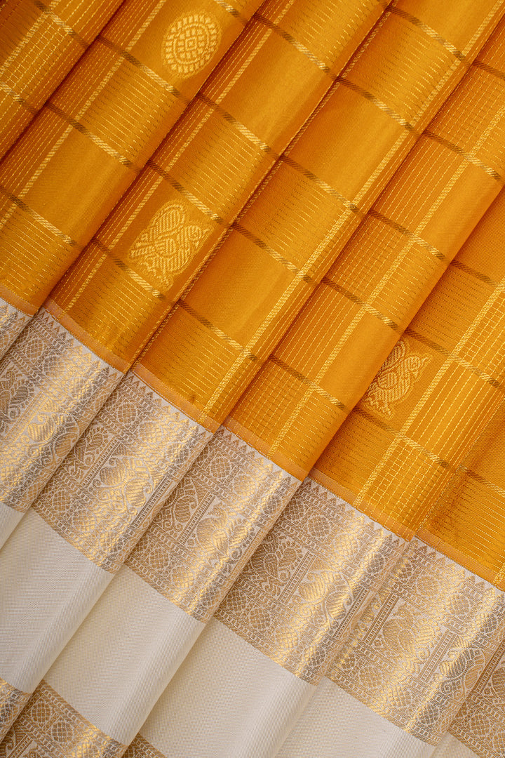 Mustard Zari Checks Pure Kanchipuram Silk Saree