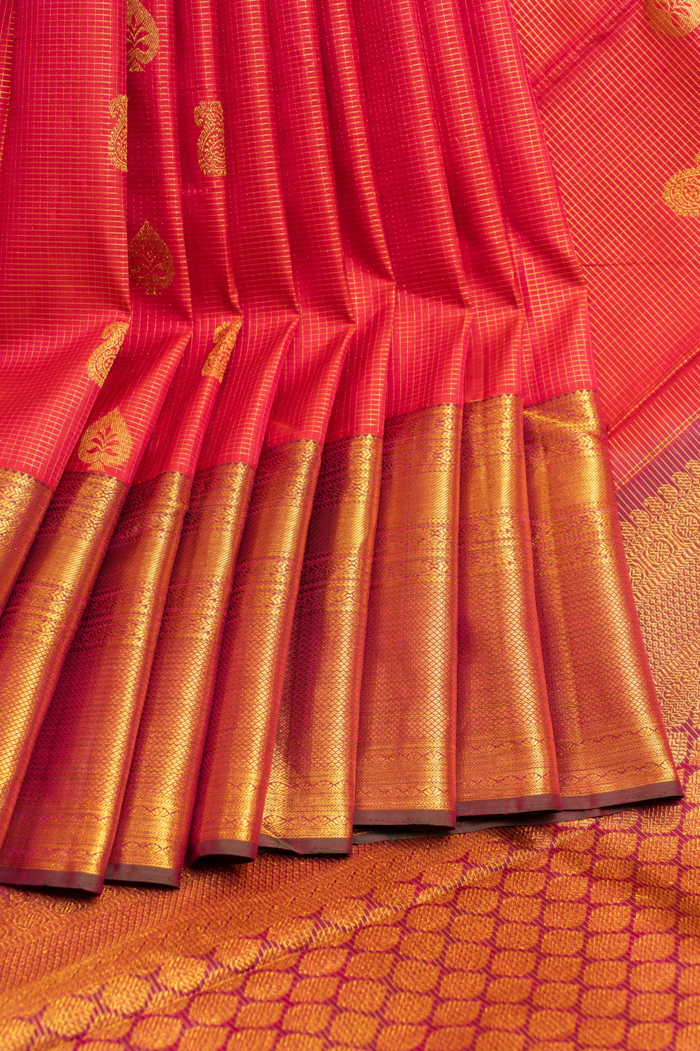 Magenta pink zari checks pure Kanchipuram silk saree