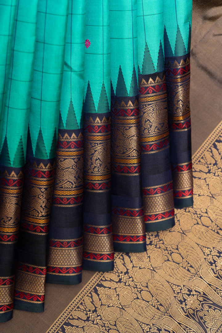 Turquoise Blue Thread Border Pure Kanchipuram Silk Saree - Clio Silks