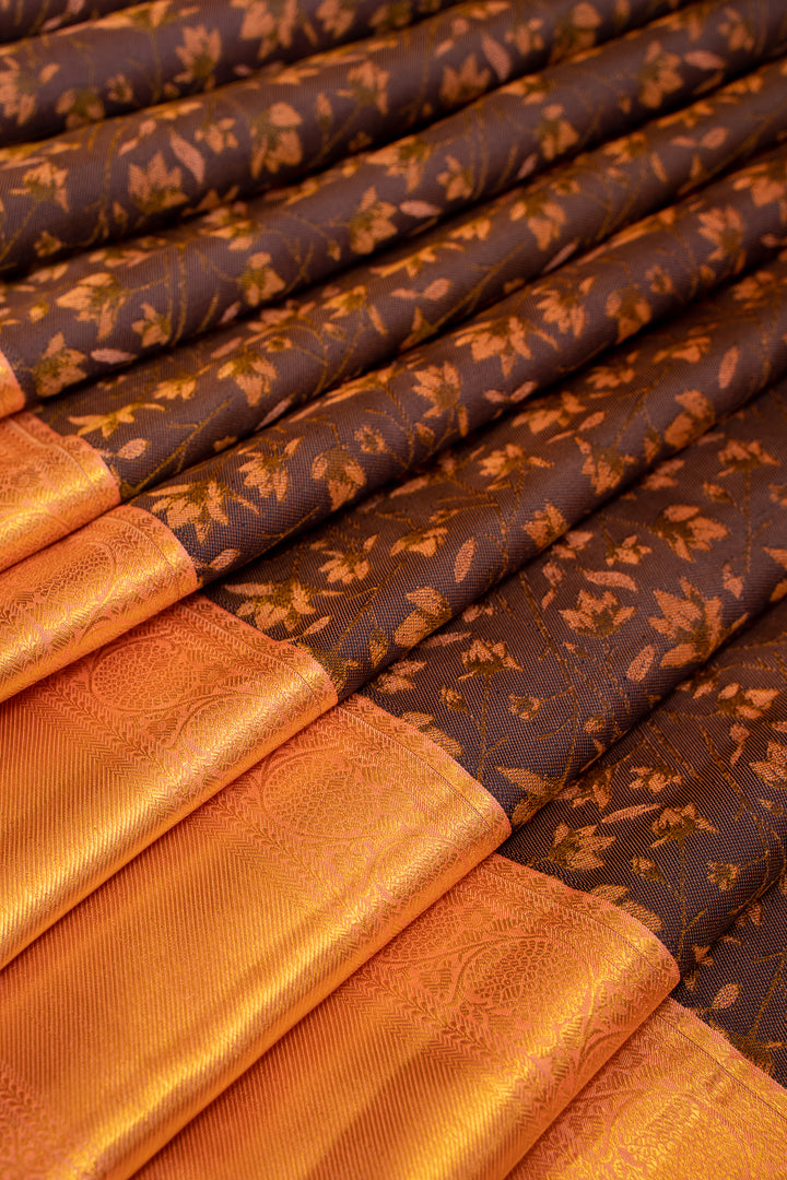 Dark Purple and Peach Floral Woven Pure Kanchipuram Silk Saree - Clio Silks