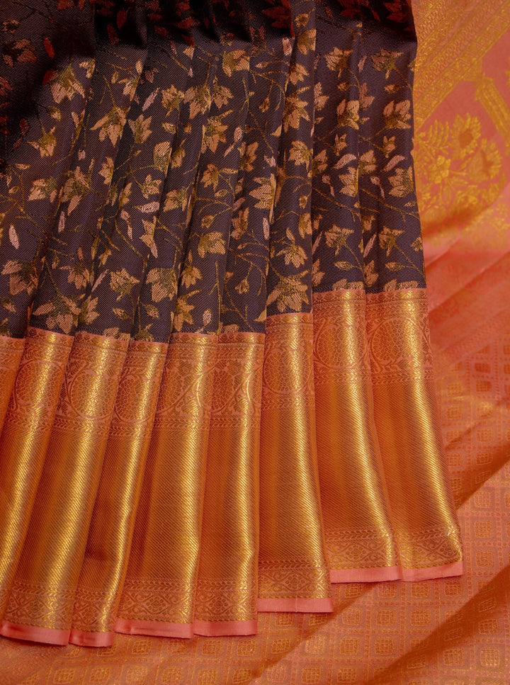 Dark Purple and Peach Floral Woven Pure Kanchipuram Silk Saree - Clio Silks