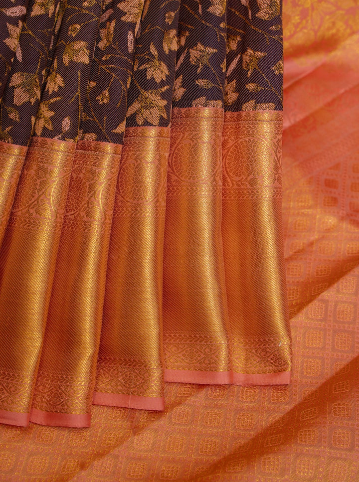 Dark Purple and Peach Floral Woven Pure Kanchipuram Silk Saree - Clio Silks
