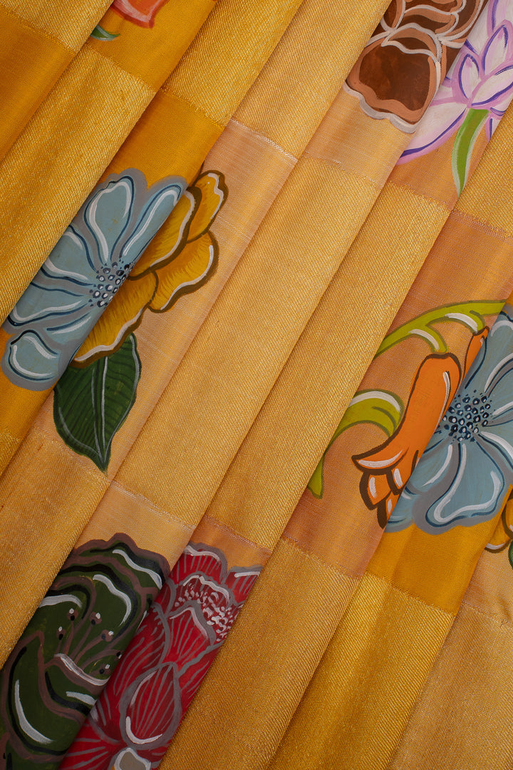 The 500-Hour Garden Handpainted 58 Flowers 8 Kol Pure Kanchipuram Silk Saree