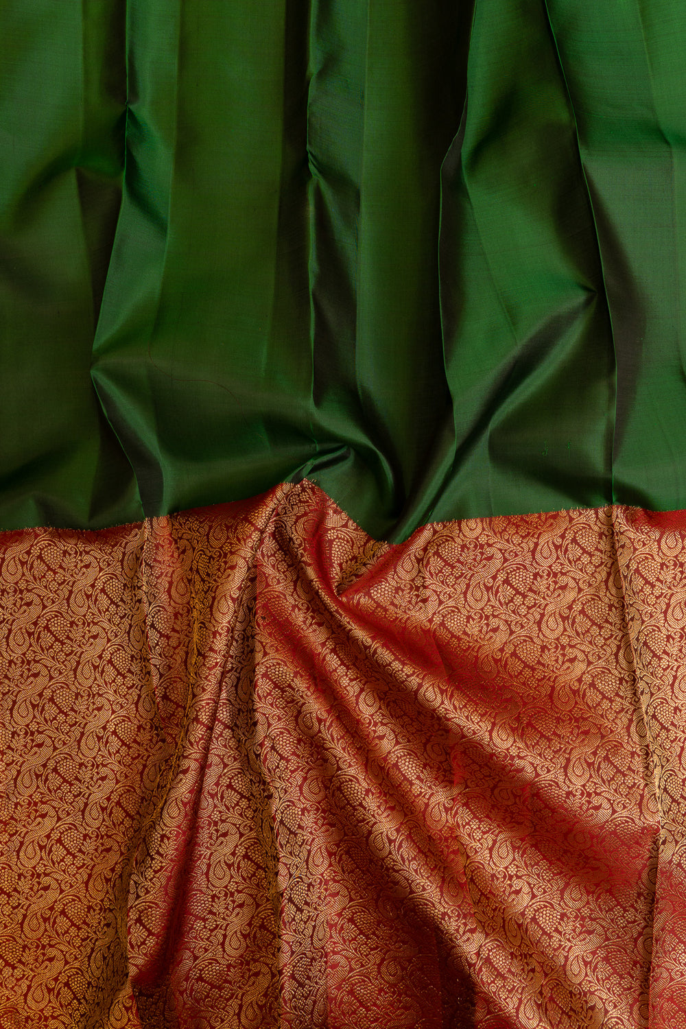 Bottle green and Maroon half and half pure Kanchipuram silk saree