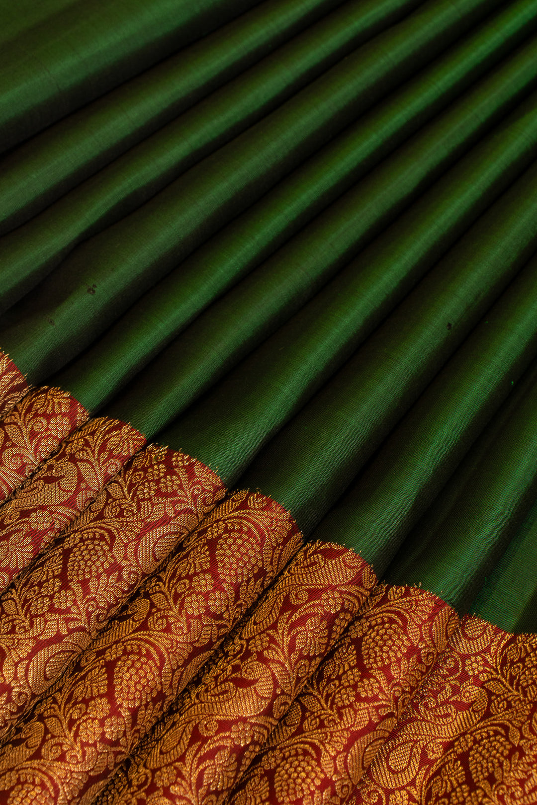 Bottle green and Maroon half and half pure Kanchipuram silk saree