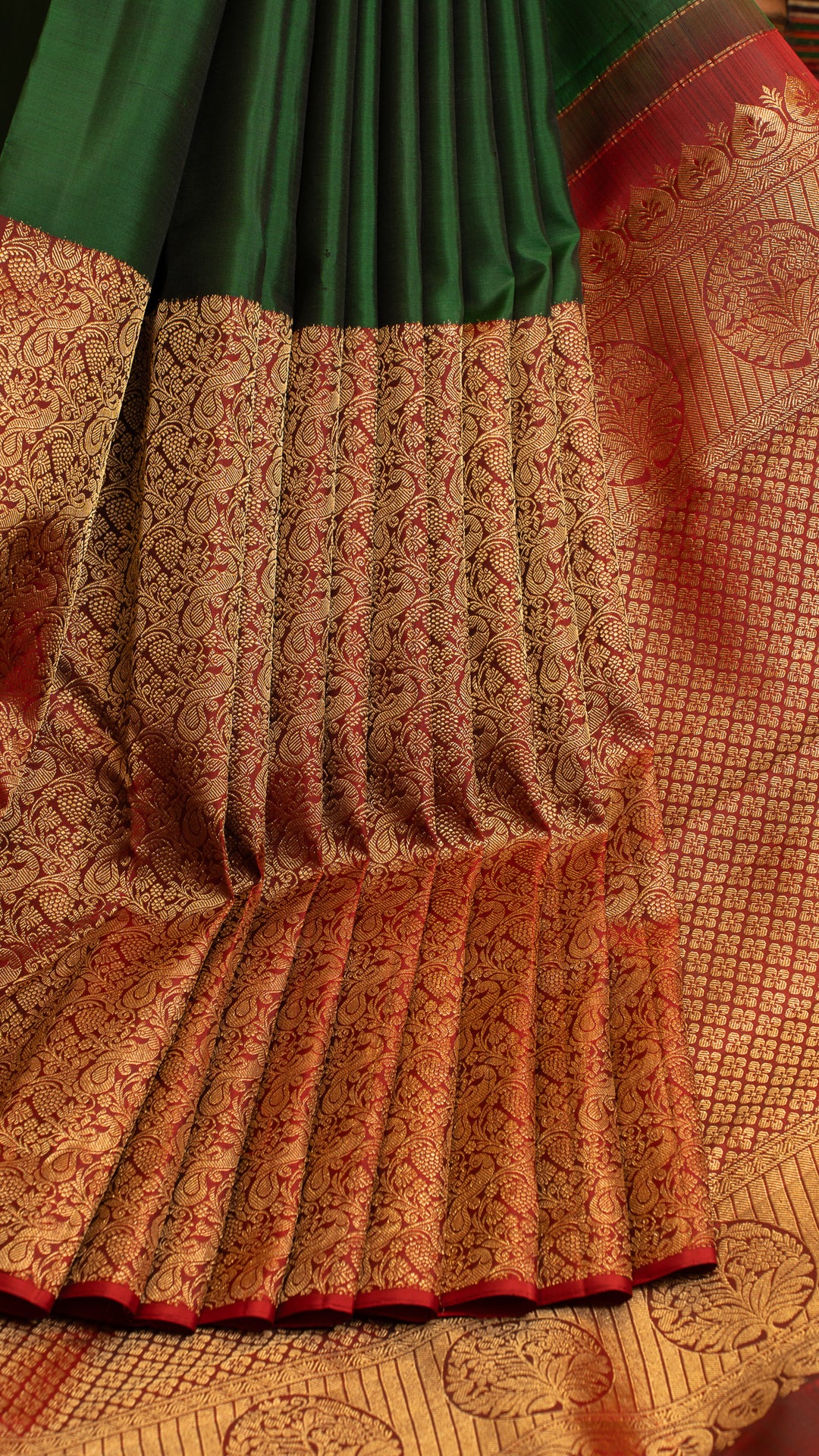 Bottle green and Maroon half and half pure Kanchipuram silk saree