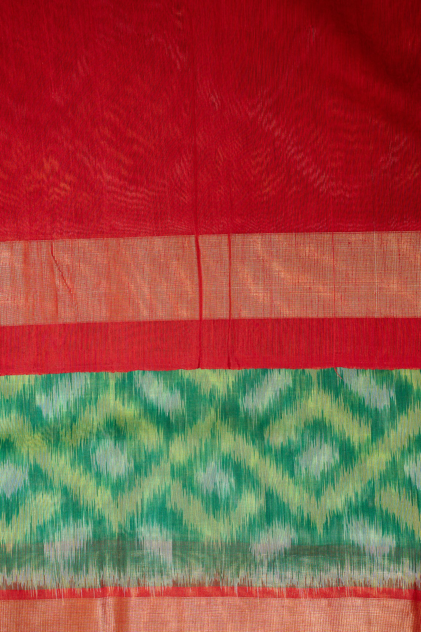 Emerald Green and Red Pure Ikat Silk Cotton Saree - Clio Silks