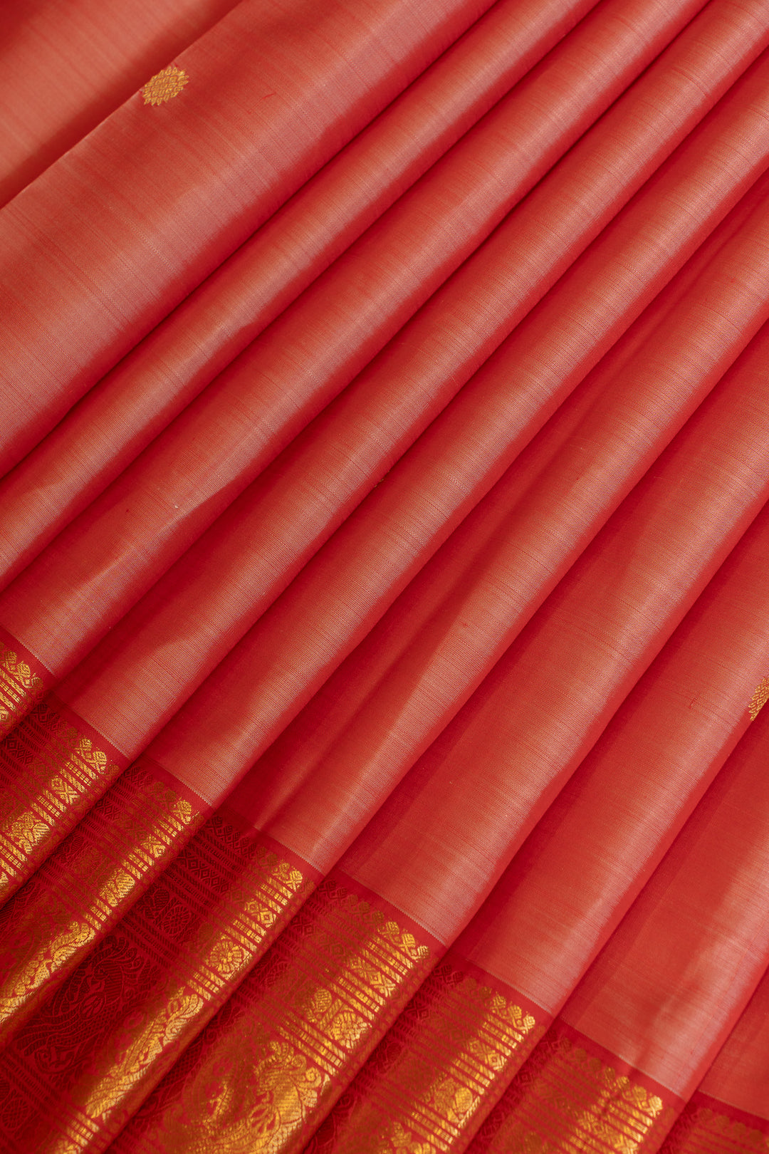Peach and red traditional pure Kanchipuram silk saree