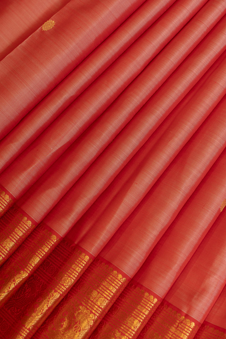 Peach and red traditional pure Kanchipuram silk saree