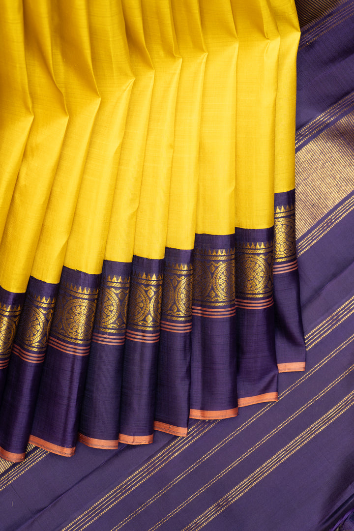 Yellow and Blue Pure Kanchipuram Silk Saree - Clio Silks
