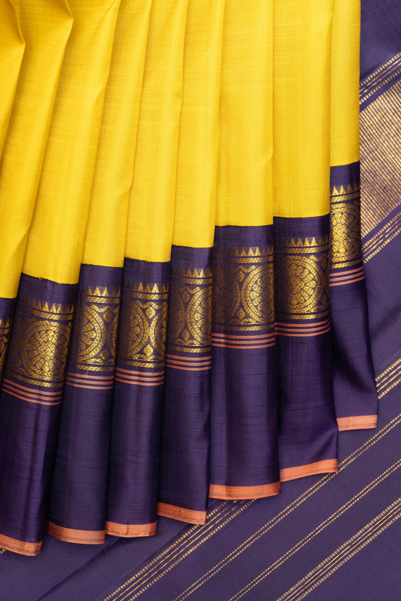 Yellow and Blue Pure Kanchipuram Silk Saree - Clio Silks