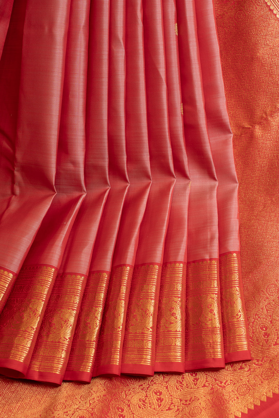 Peach and red traditional pure Kanchipuram silk saree