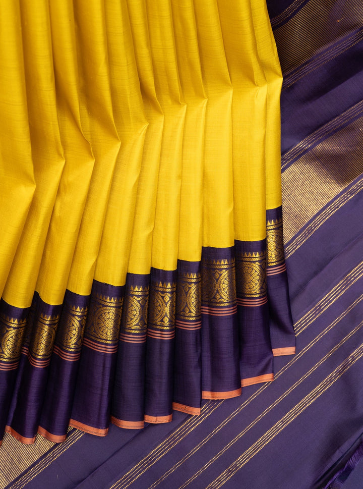 Yellow and Blue Pure Kanchipuram Silk Saree - Clio Silks