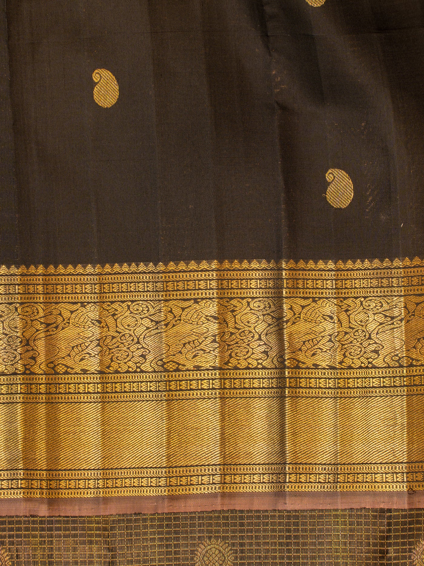 Black and gold zari checks pure Kanchipuram silk saree