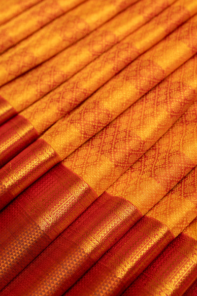 Mustard and rust orange stripes brocade pure Kanchipuram silk saree