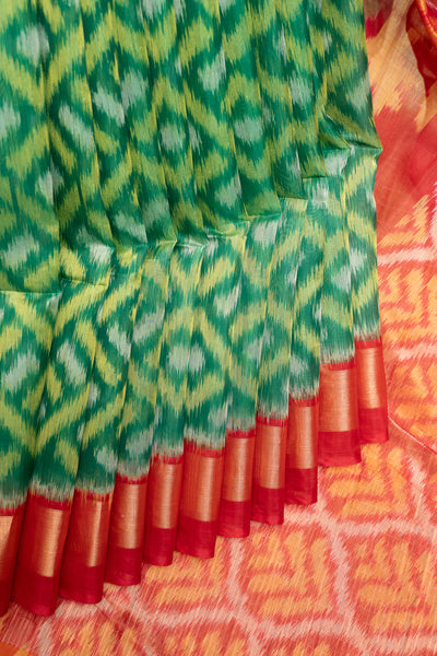 Emerald Green and Red Pure Ikat Silk Cotton Saree - Clio Silks