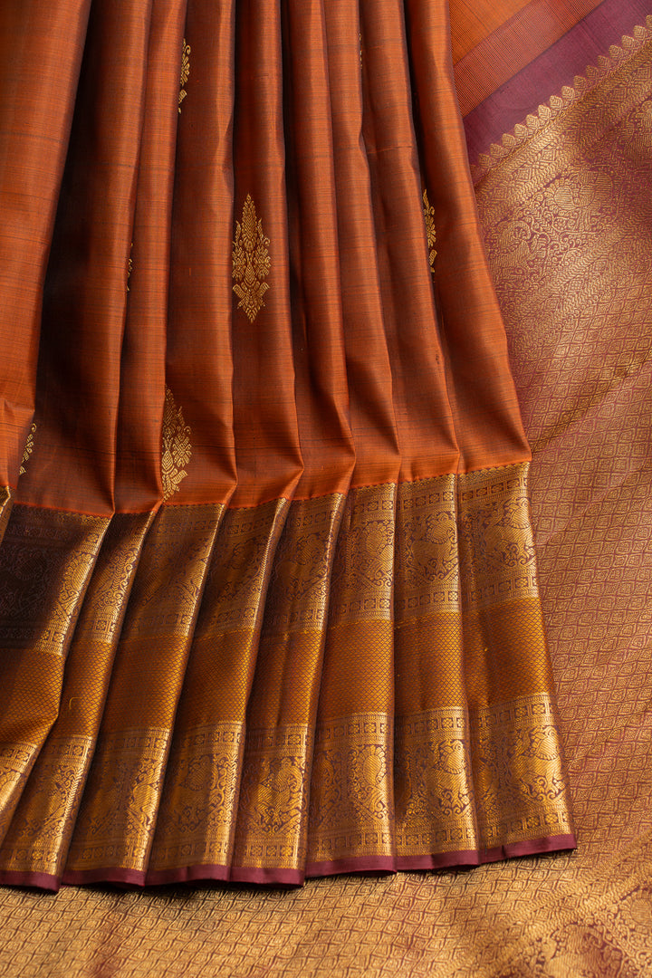 Rust orange rettai pettu pure Kanchipuram silk saree