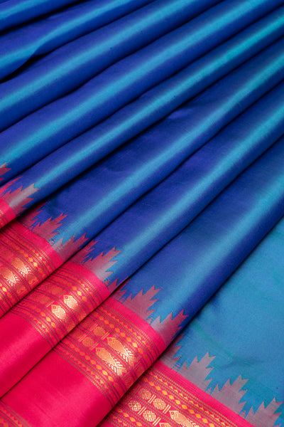 Peacock Blue and Red Pure Kanchipuram Silk Saree - Clio Silks