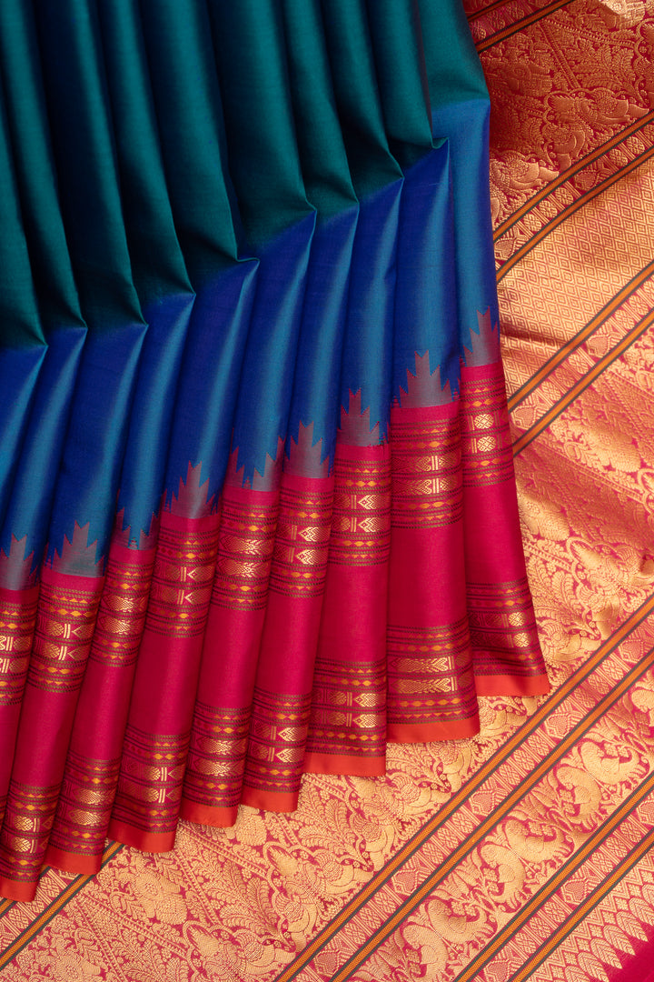 Peacock Blue and Red Pure Kanchipuram Silk Saree - Clio Silks