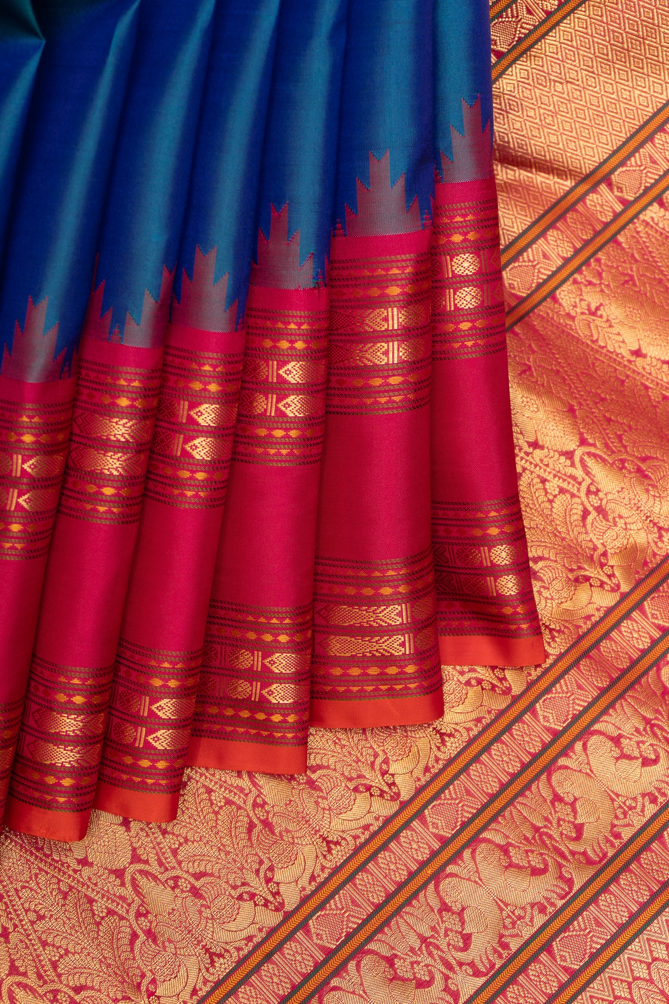 Peacock Blue and Red Pure Kanchipuram Silk Saree - Clio Silks