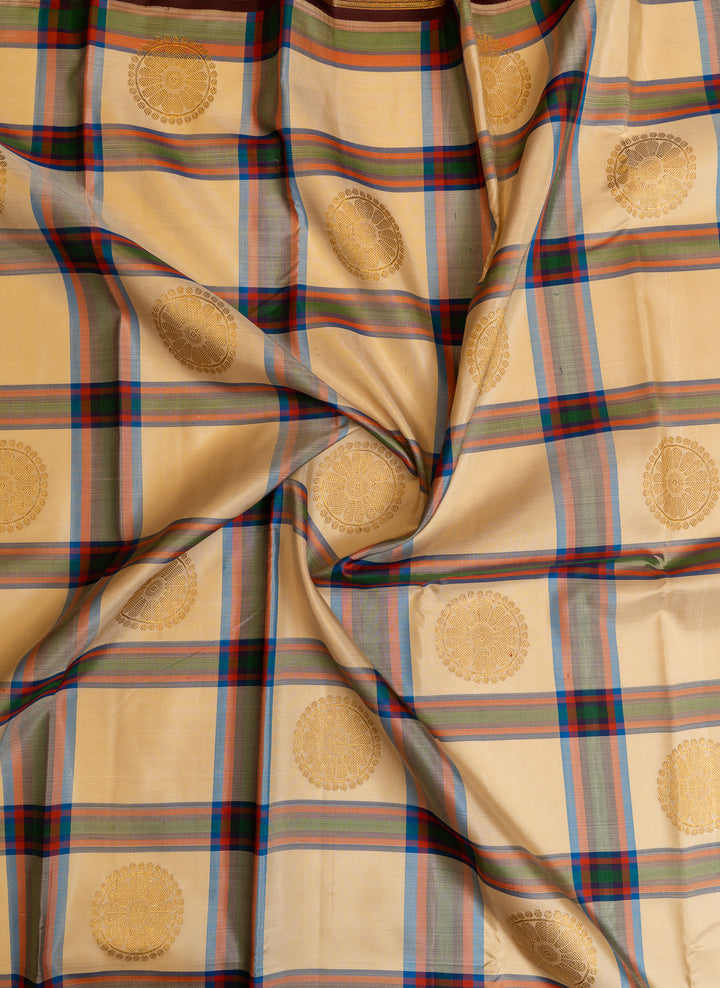 Ivory and brown vintage checks pure Kanchipuram silk saree