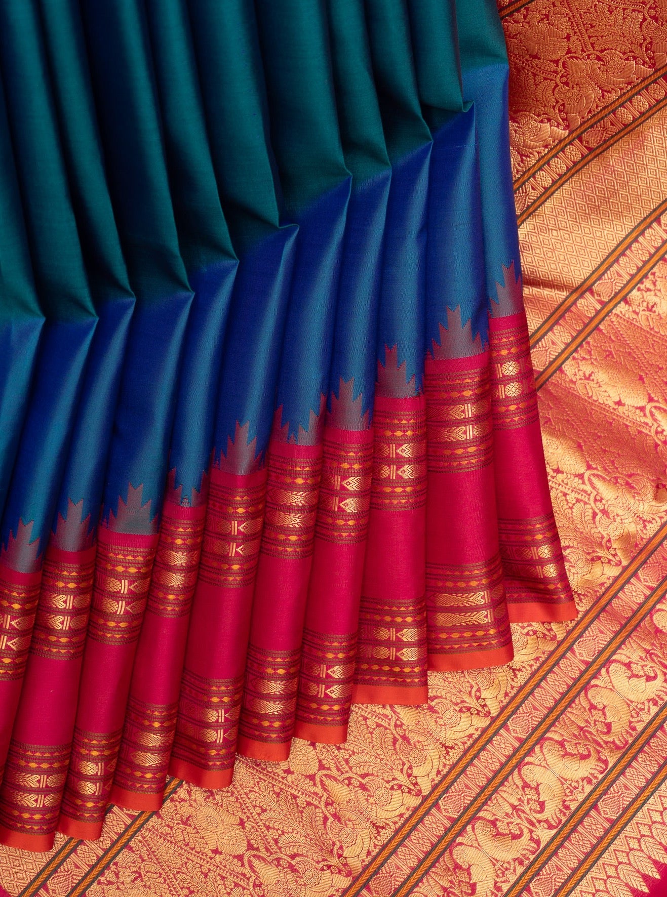 Peacock Blue and Red Pure Kanchipuram Silk Saree - Clio Silks