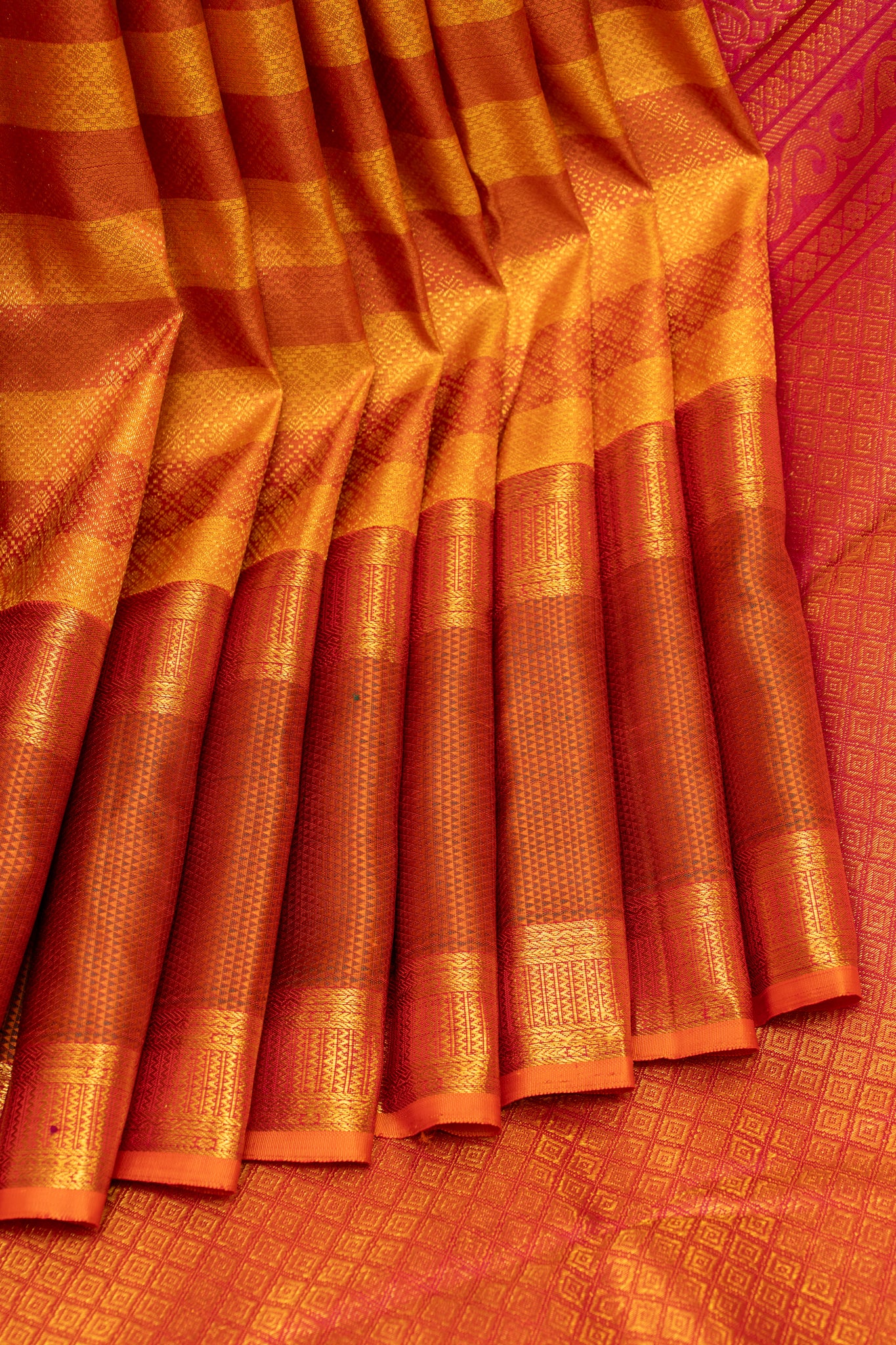 Mustard and rust orange stripes brocade pure Kanchipuram silk saree