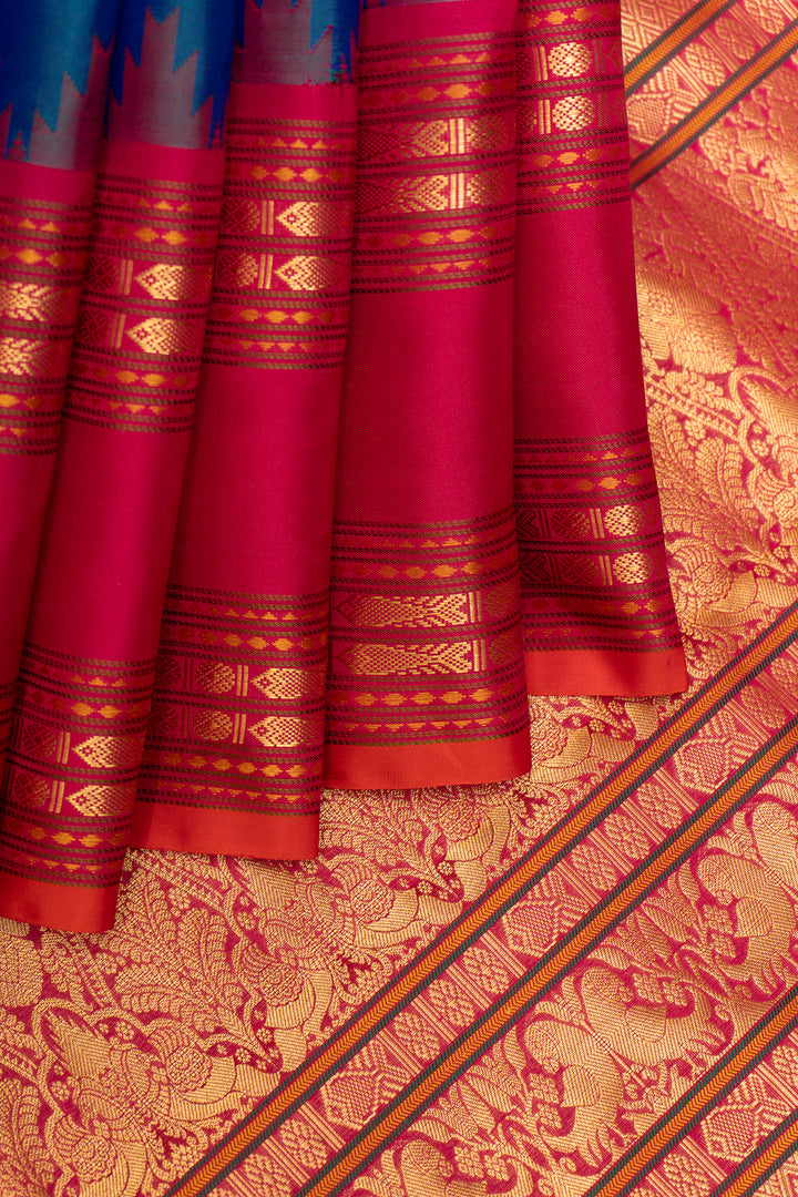 Peacock Blue and Red Pure Kanchipuram Silk Saree - Clio Silks