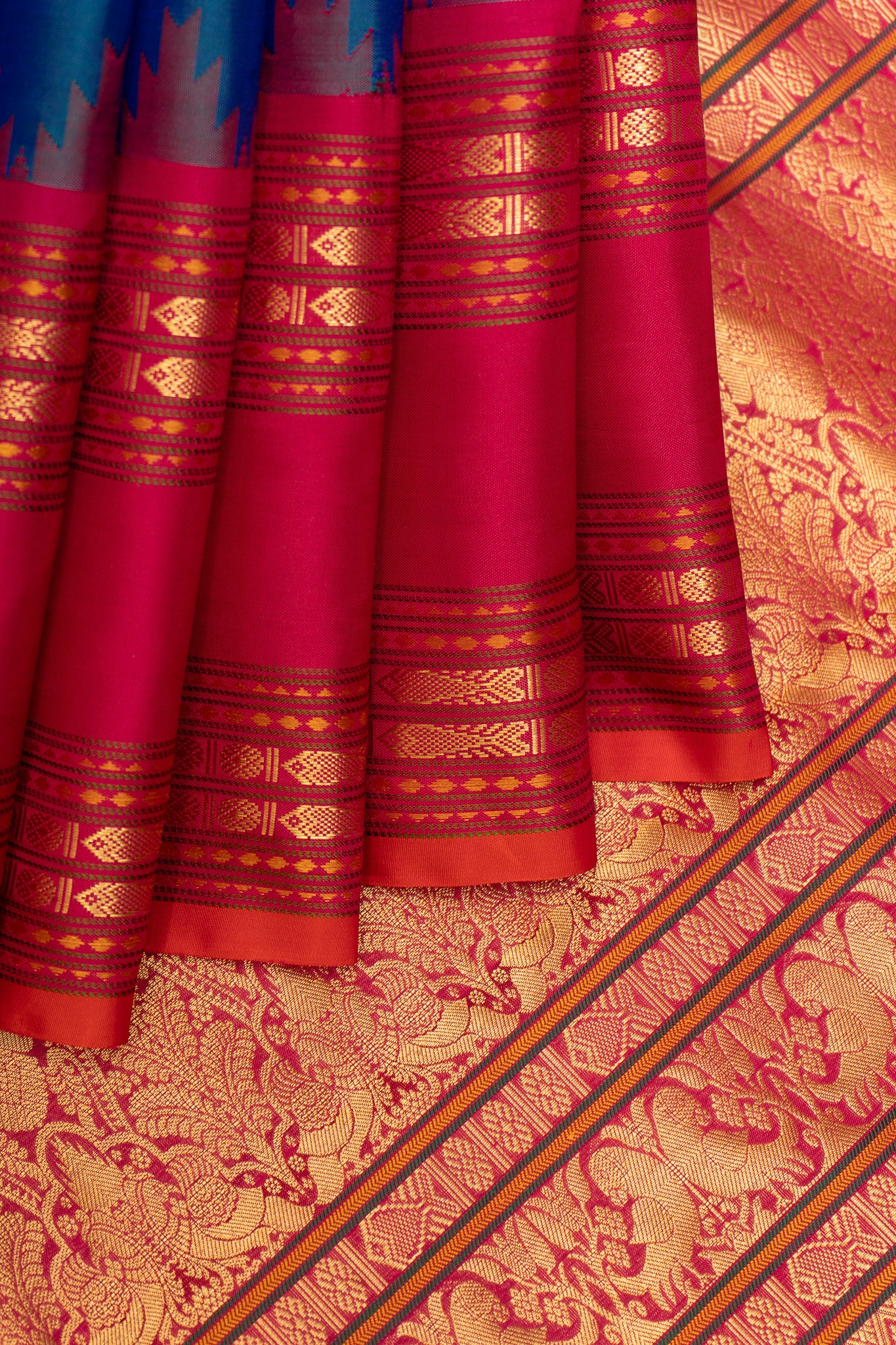 Peacock Blue and Red Pure Kanchipuram Silk Saree - Clio Silks