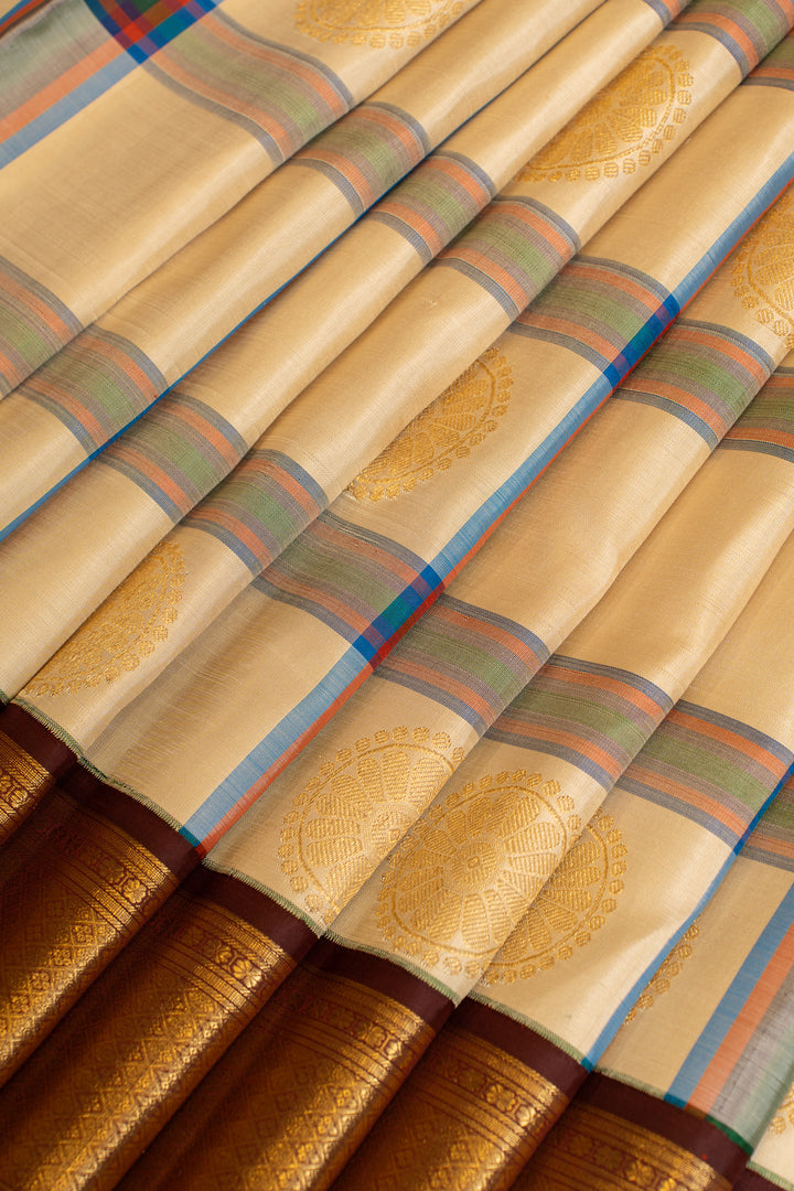 Ivory and brown vintage checks pure Kanchipuram silk saree