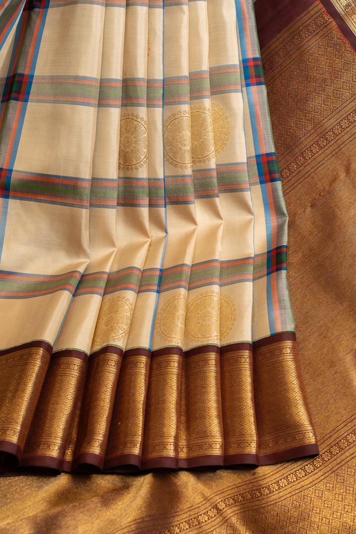 Ivory and brown vintage checks pure Kanchipuram silk saree