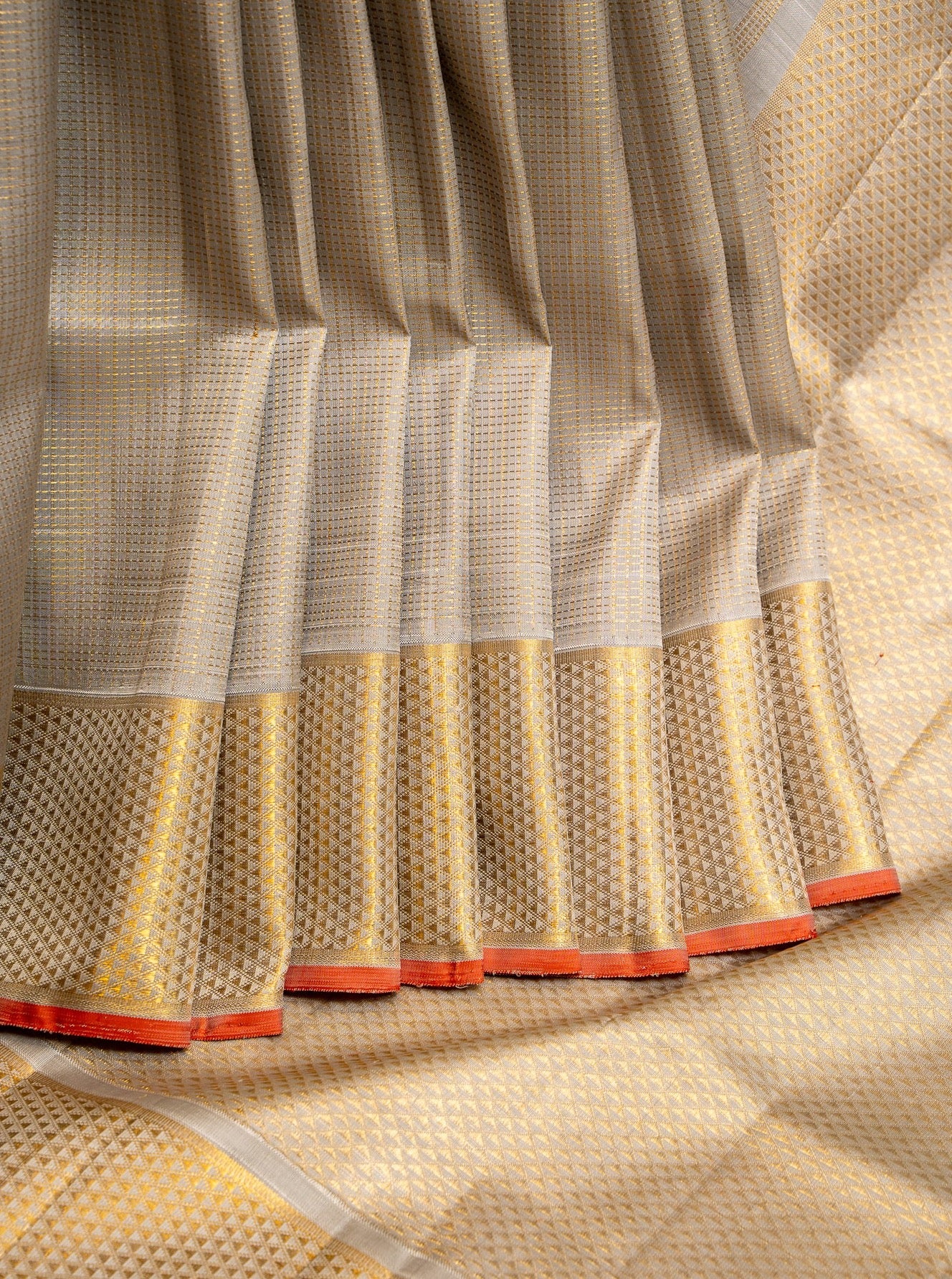 Metallic Silver and Gold Zari Checks Pure Zari Kanjivaram Silk Sari - Clio Silks